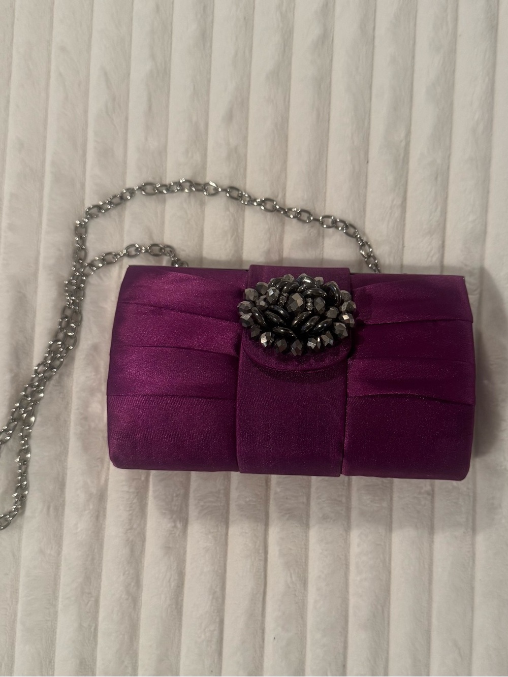 Jessica McClintock Purple Satin Evening Clutch with Jeweled Rosette - Vintage